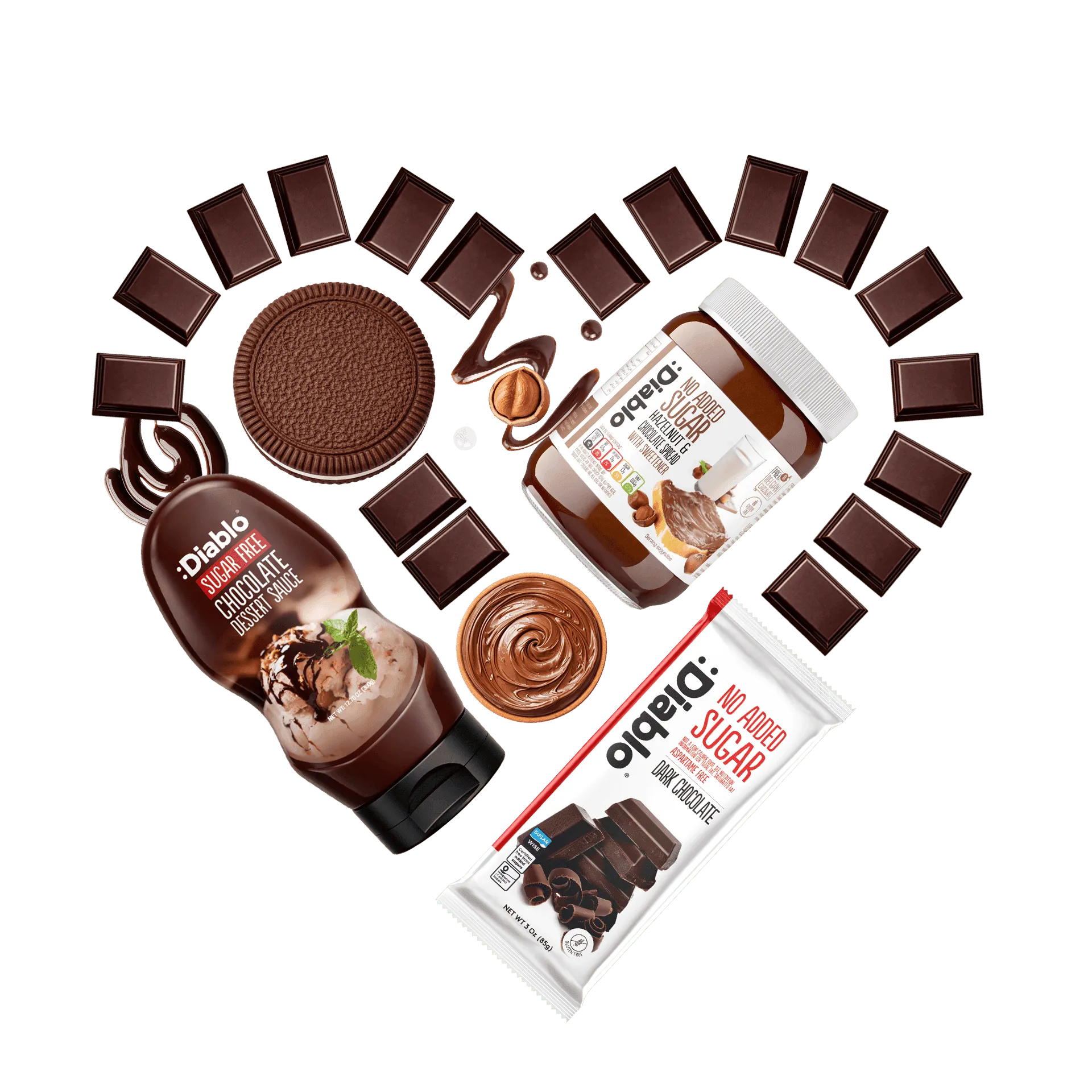 Heart shape made of chocolate squares with Diablo sugar-free products